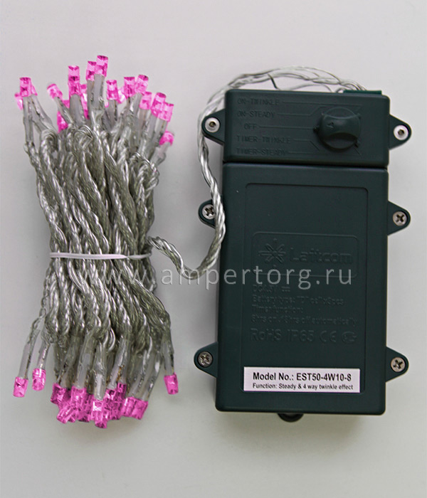 картинка Нить на батарейках с таймером 5м, 3 бат. "D", 4,5V, прозрачный провод,цвет розовый(арт.EST50-4W10-8P) от интернет магазина Ampertorg