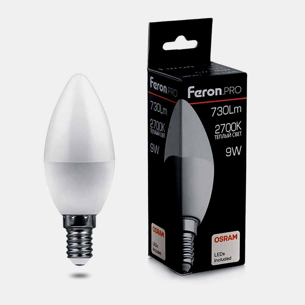картинка Лампа светодиодная FERON LB-1309 (9W) 230V E14 2700K C37 свеча OSRAM LED 38059 от интернет магазина Ampertorg