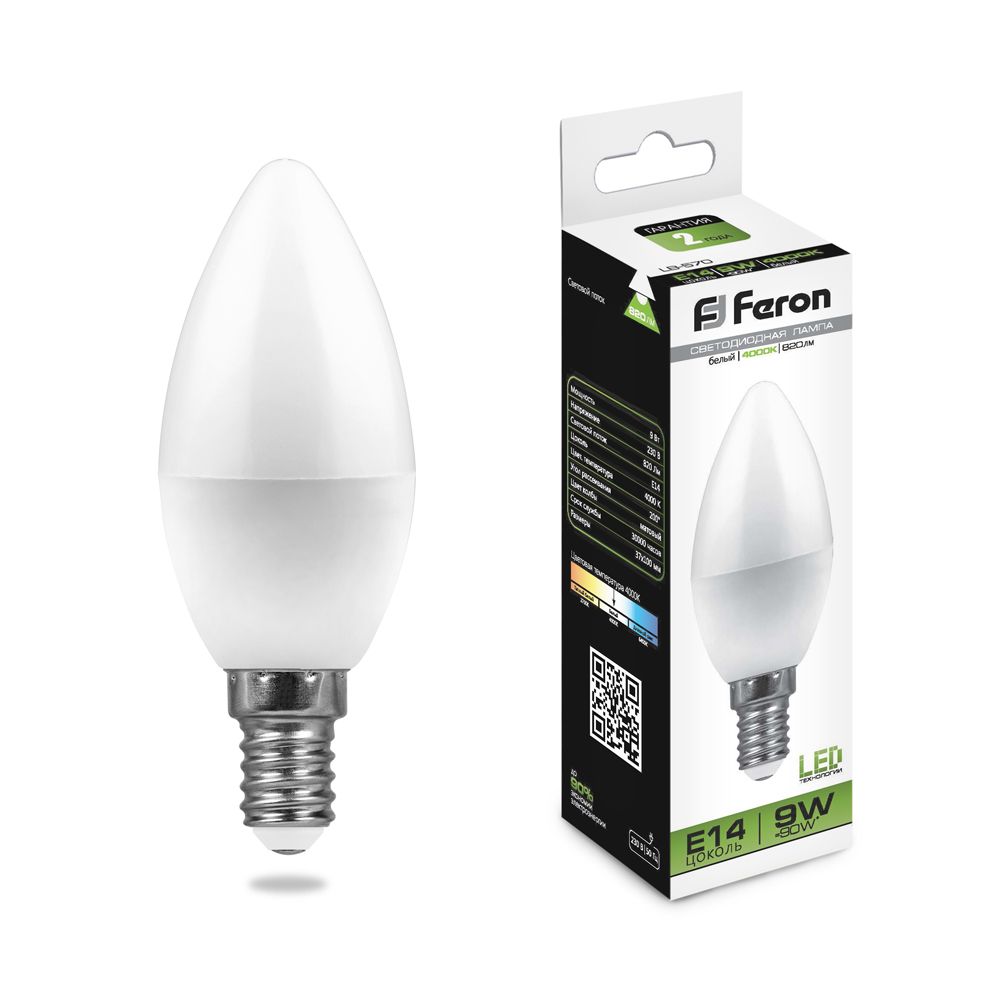 картинка Лампа светодиодная Feron LB-570.Свеча E14 9W.4000K.(арт.25799) от интернет магазина Ampertorg
