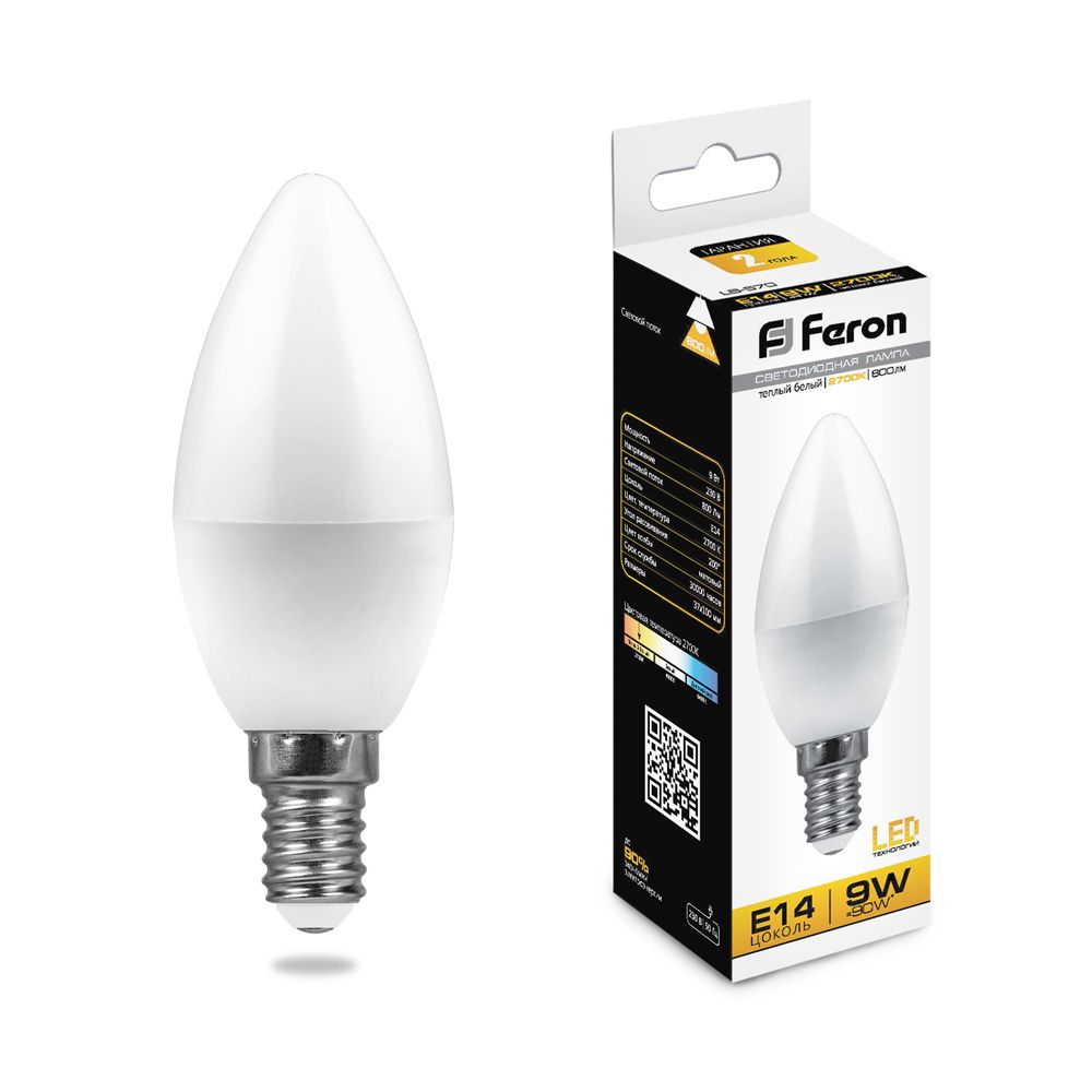 картинка Лампа светодиодная Feron LB-570.Свеча.E14.9W.2700K.(арт.25798) от интернет магазина Ampertorg