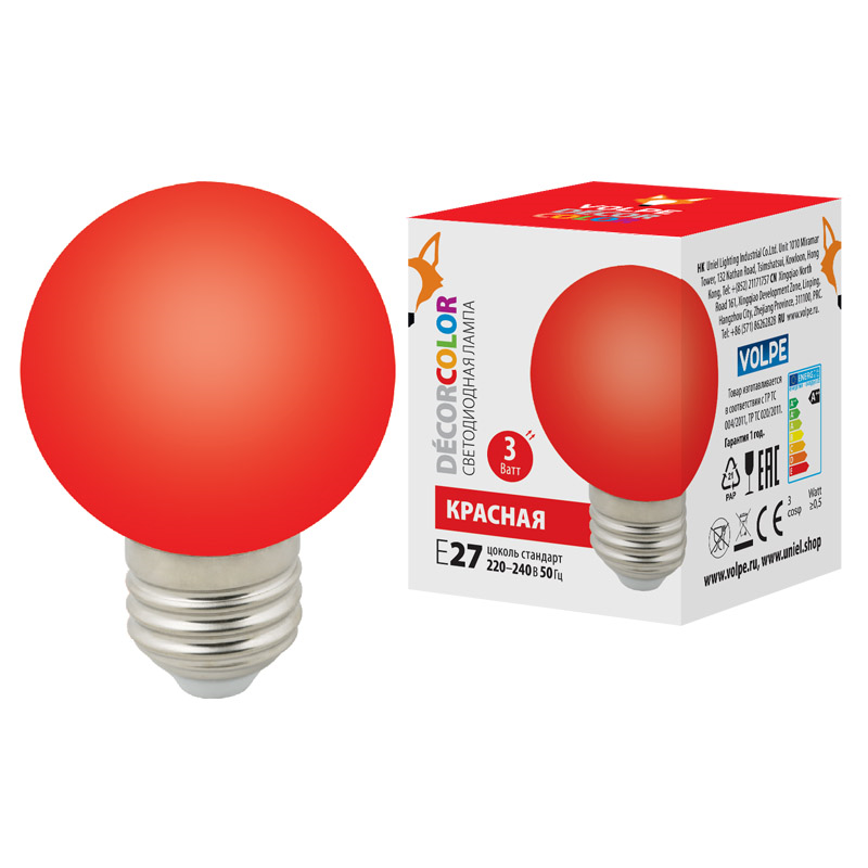 картинка Лампа декоративная светодиодная для гирлянд белт лайт LED-G60-3W/RED/E27/FR/С .Форма "шар", матовая. Цвет красный. Картон. ТМ Volpe. от интернет магазина Ampertorg