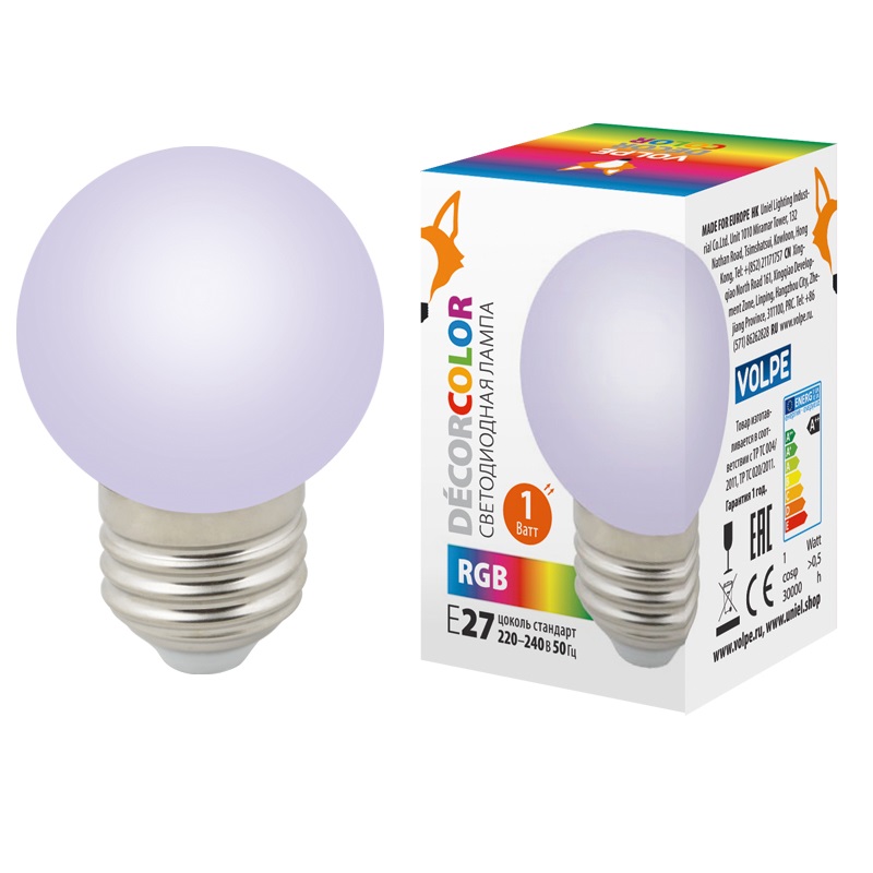 картинка  Лампа декоративная светодиодная для гирлянд белт лайт LED-G45-1W/RGB/E27/FR/С .Форма "шар", матовая. Цвет RGB. Картон. ТМ Volpe. от интернет магазина Ampertorg