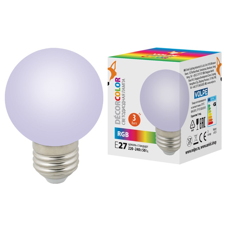 картинка Лампа декоративная светодиодная для гирлянд белт лайт LED-G60-3W/RGB/E27/FR/С . Форма "шар", матовая. Цвет RGB. Картон. ТМ Volpe. от интернет магазина Ampertorg
