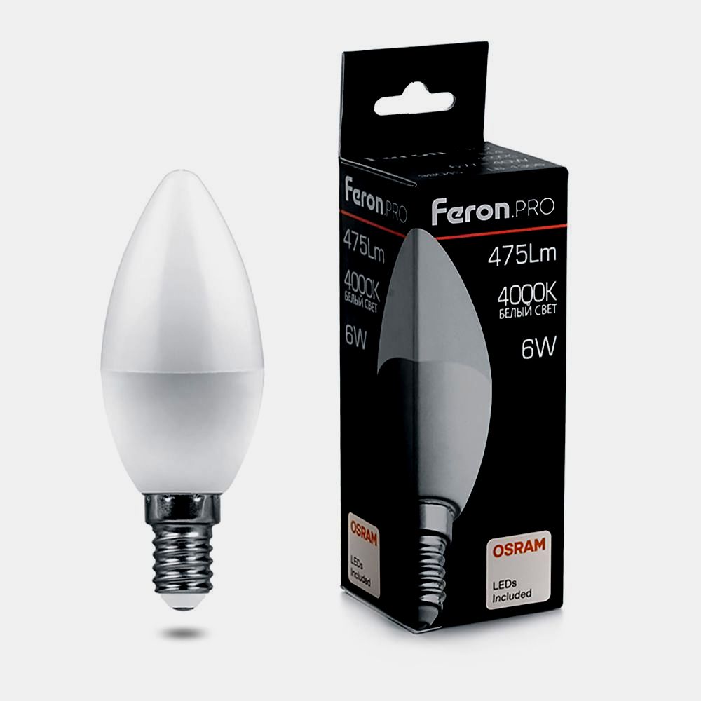 картинка Лампа светодиодная FERON LB-1306 (6W) 230V E14 4000K C37 свеча OSRAM LED 38045 от интернет магазина Ampertorg