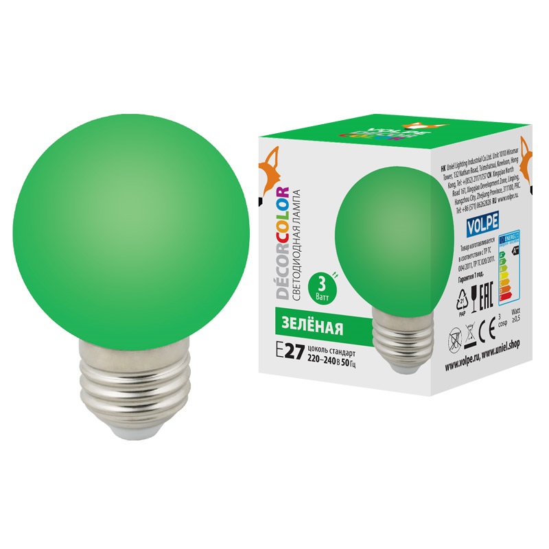 картинка Лампа декоративная светодиодная для гирлянд белт лайт LED-G60-3W/GREEN/E27/FR/С.Форма "шар", матовая. Цвет зеленый. Картон. ТМ Volpe. от интернет магазина Ampertorg