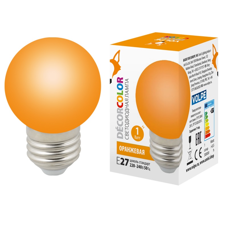 картинка  Лампа декоративная светодиодная для гирлянд белт лайт LED-G45-1W/ORANGE/E27/FR/С.Форма "шар", матовая. Цвет оранжевый. Картон. ТМ Volpe. от интернет магазина Ampertorg